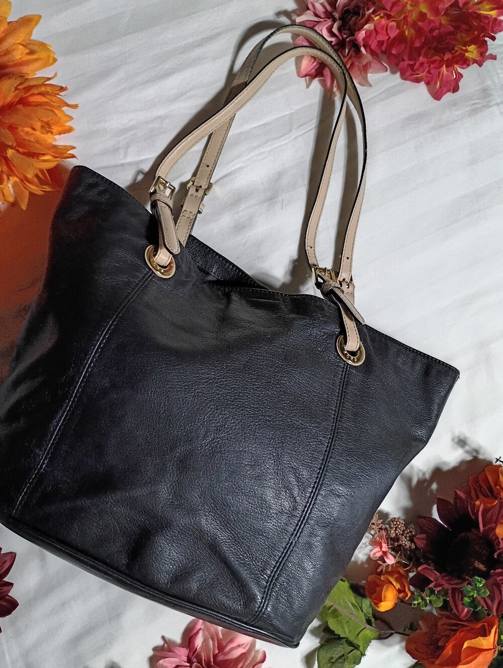 Michael Kors Black Leather Tote with Beige Straps